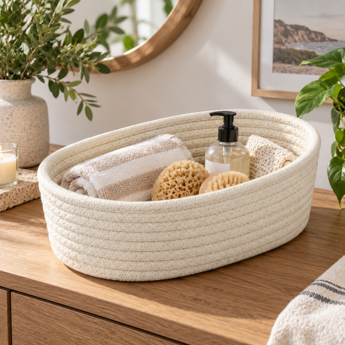 Beige Cotton Rope Woven Oval Storage Basket