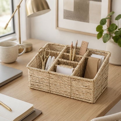 Beige Natural Rattan Multi-Compartment Storage Basket