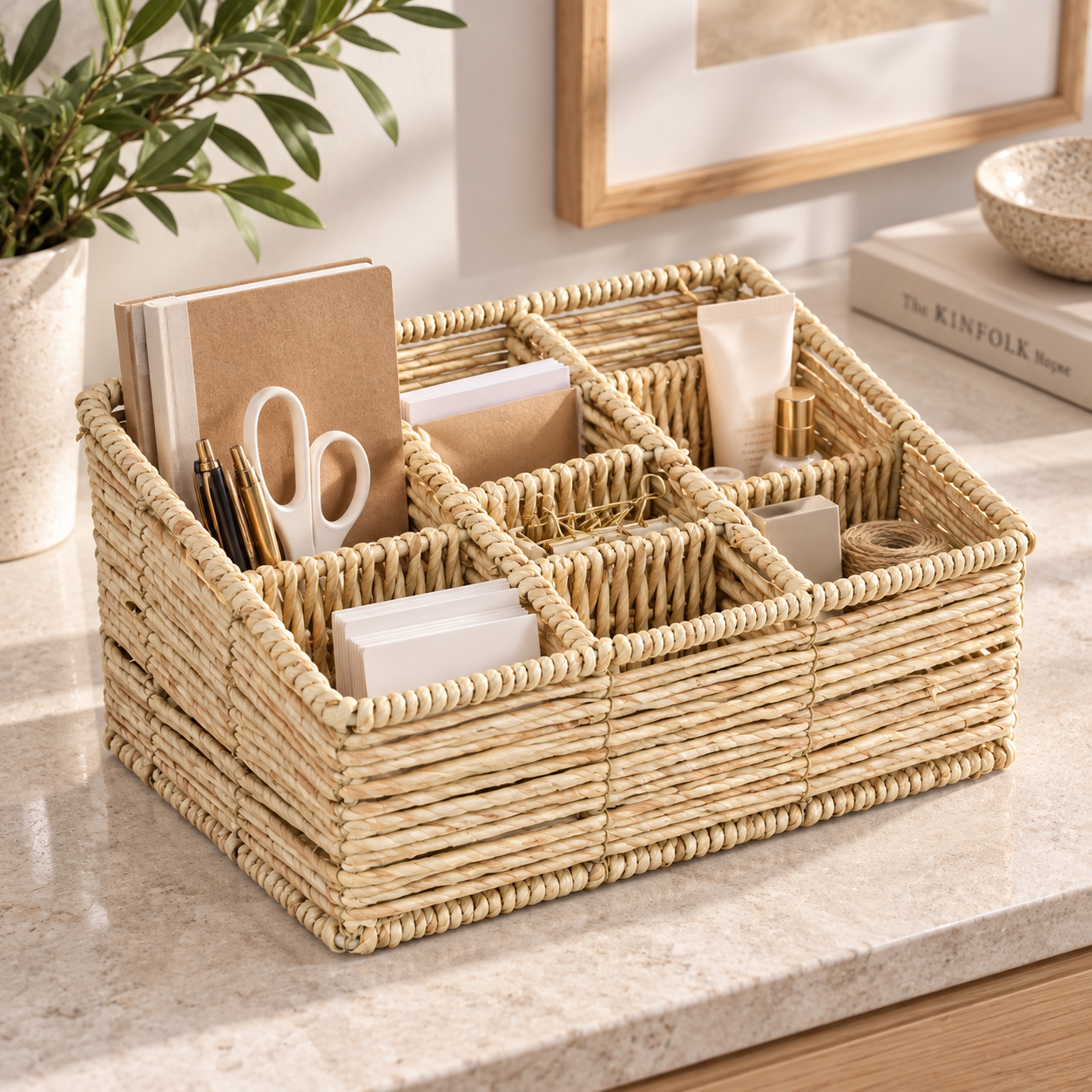 Beige Natural Rattan Multi-Compartment Storage Basket