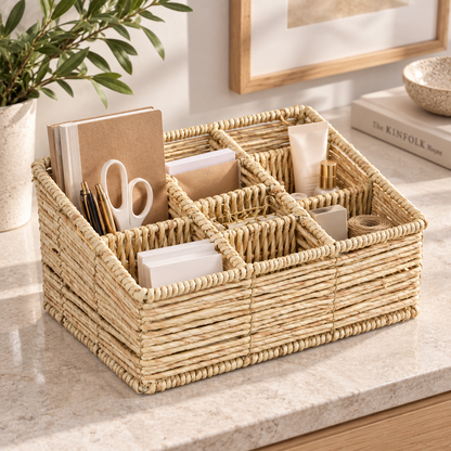 Beige Natural Rattan Multi-Compartment Storage Basket