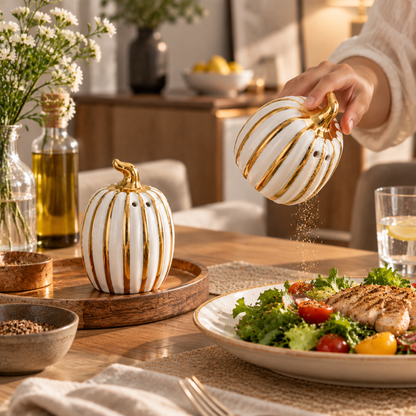 White Ceramic Pepper Shaker with Gold Trim