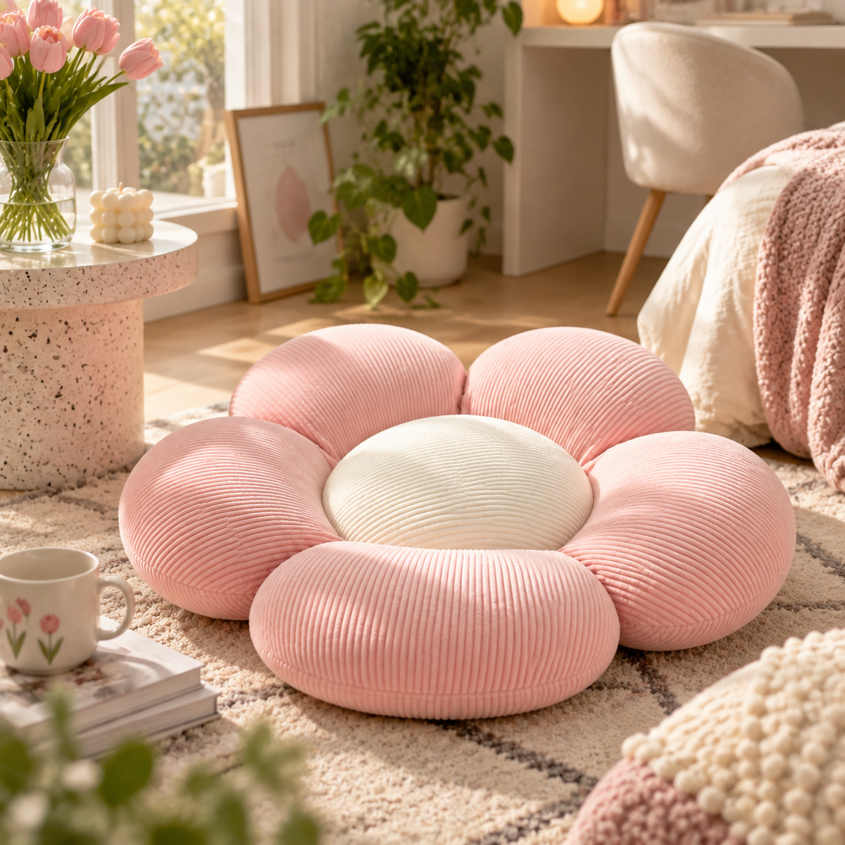 Pink Flower Cushion with White Center
