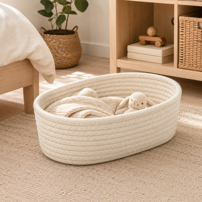 Beige Cotton Rope Woven Oval Storage Basket